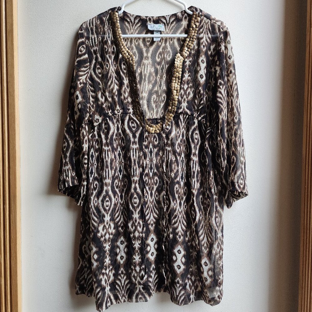 Bali Club Brown/Cream Native Tropical Print Tunic Size Medium